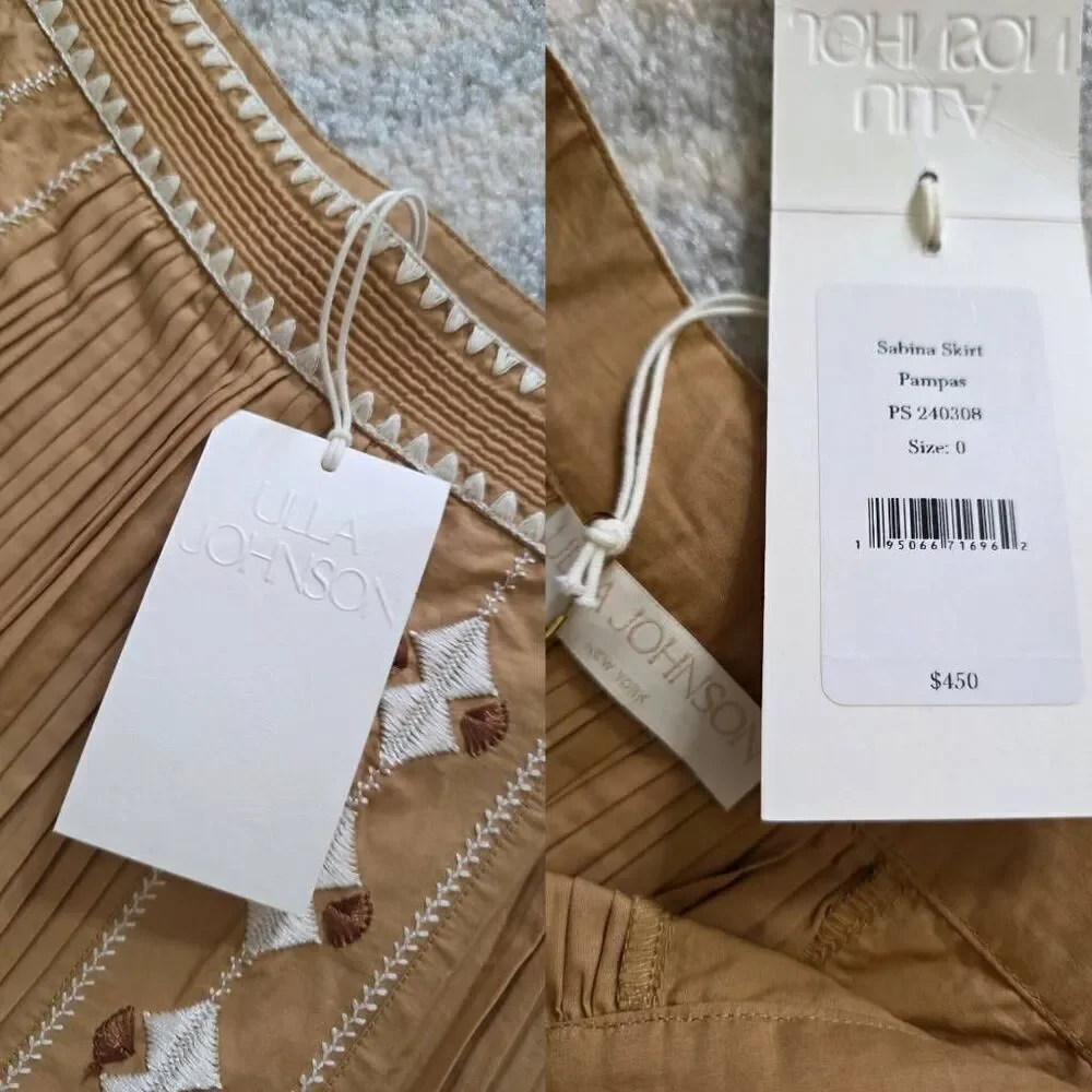 Ulla Johnson Midi Pleated Brown Sabina Embroidered Skirt 0 NWT - Picture 12 of 12
